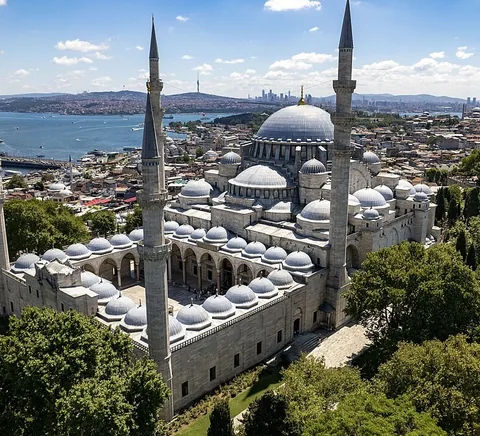 Süleymaniye Mosque above Istanbul with Golden Horn and city beyond.