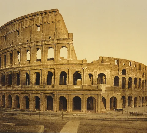 The Colosseum in a historic colour photochrom photograph, circa 1890–1900.