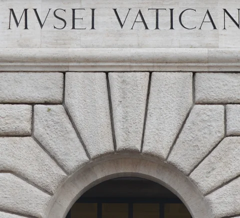 Detail of the Vatican Museums’ historic 1932 exterior portal and inscription, photographed in 2014; now an exit.