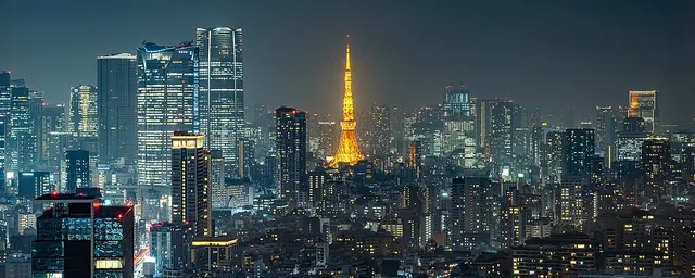 Illuminated Tokyo Tower amid the dense nighttime city.